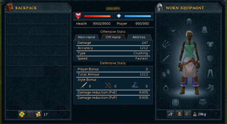 Uma captura de tela mostrando a interface de equipamento do jogador